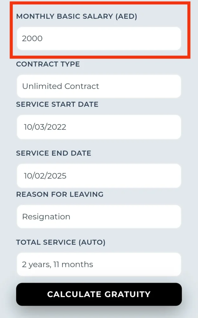 Free & Online Gratuity Calculator UAE 2025 (MOHRE Updated) 3 basic salary